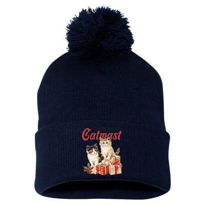 Meowy Catmas Vintage Christmas Cats Pom Pom 12in Knit Beanie