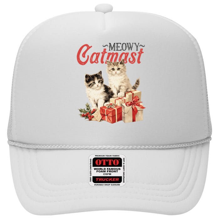 Meowy Catmas Vintage Christmas Cats High Crown Mesh Back Trucker Hat