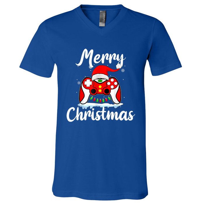 Merry Christmas Video Game Controller Santa Hat Gamer Xmas Gift V-Neck T-Shirt