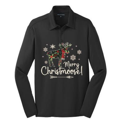 Merry Christmoose Vintage Christmas Moose Holly Snowflakes Gift Silk Touch Performance Long Sleeve Polo