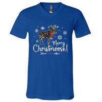 Merry Christmoose Vintage Christmas Moose Holly Snowflakes Gift V-Neck T-Shirt