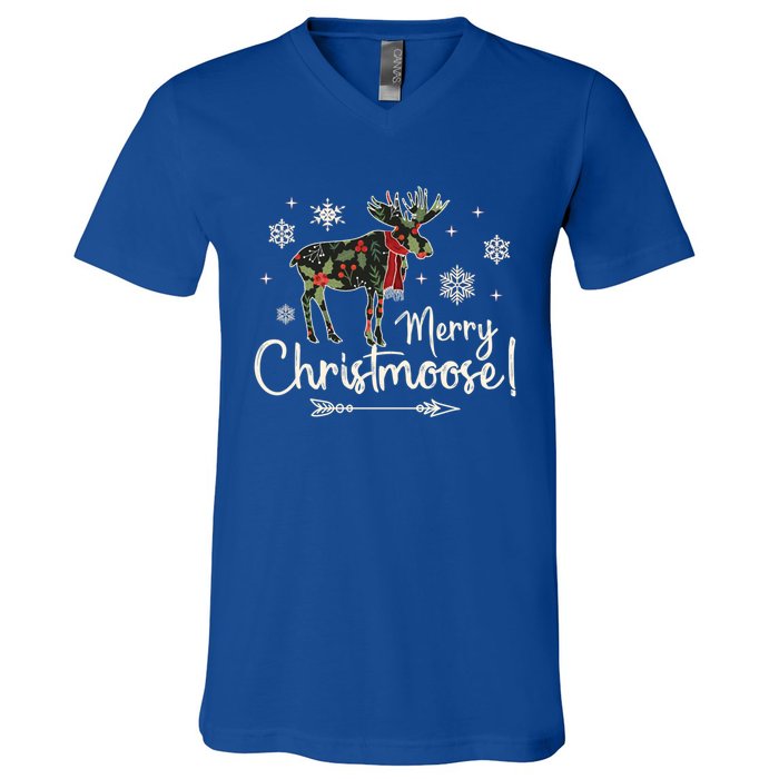 Merry Christmoose Vintage Christmas Moose Holly Snowflakes Gift V-Neck T-Shirt