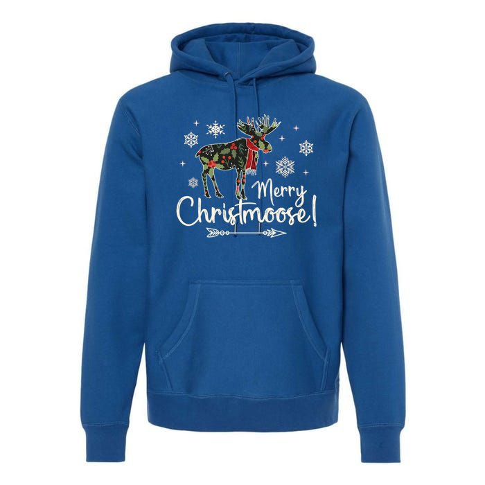 Merry Christmoose Vintage Christmas Moose Holly Snowflakes Gift Premium Hoodie