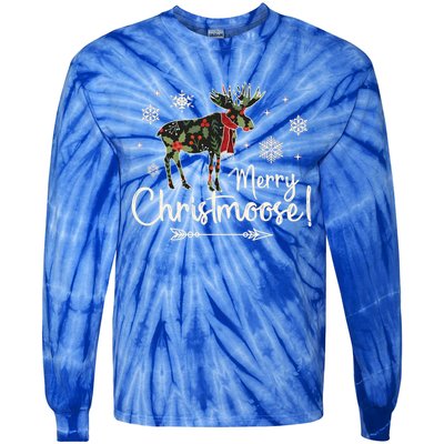 Merry Christmoose Vintage Christmas Moose Holly Snowflakes Gift Tie-Dye Long Sleeve Shirt