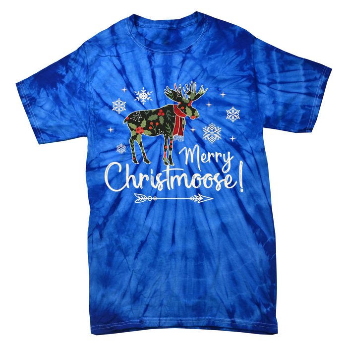 Merry Christmoose Vintage Christmas Moose Holly Snowflakes Gift Tie-Dye T-Shirt