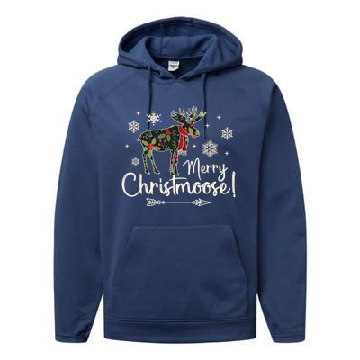 Merry Christmoose Vintage Christmas Moose Holly Snowflakes Gift Performance Fleece Hoodie