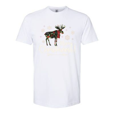 Merry Christmoose Vintage Christmas Moose Holly Snowflakes Gift Softstyle CVC T-Shirt