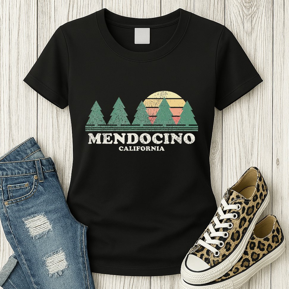 Mendocino Ca Vintage Throwback Retro 70s Design Womens T-Shirt