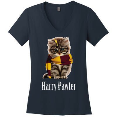 Magic Cat With Glasses  Harry Pawter Funny Women's V-Neck T-Shirt