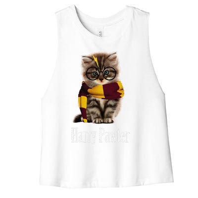 Magic Cat With Glasses  Harry Pawter Funny Women's Racerback Cropped Tank