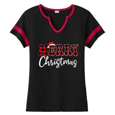 Merry Christmas With Black And Red Plaid Family Ladies Halftime Notch Neck Tee