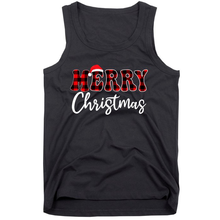 Merry Christmas With Black And Red Plaid Family Tank Top