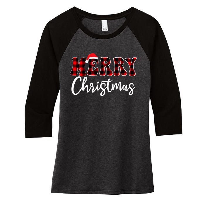 Merry Christmas With Black And Red Plaid Family Women's Tri-Blend 3/4-Sleeve Raglan Shirt