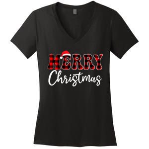 Merry Christmas With Black And Red Plaid Family Women's V-Neck T-Shirt