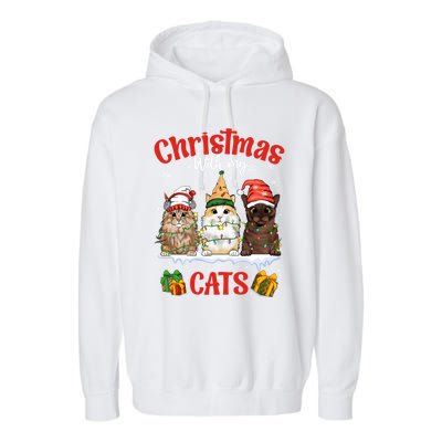 Meowy Christmas With My Cats Feline Fun Christmas Cat Gift Garment-Dyed Fleece Hoodie