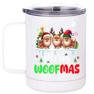 Merry Christmas Woof Three Santa Reindeer Elf Pomeranians Cute Gift 12 oz Stainless Steel Tumbler Cup