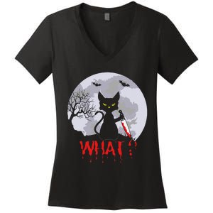 Murderous Cat With Knife Cat What Halloween Funny Cat Women's V-Neck T-Shirt