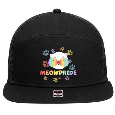 Meowpride Cat With Rainbow Sunglasses Lgbtqia + And Ally Gift 7 Panel Mesh Trucker Snapback Hat