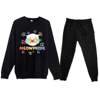 Meowpride Cat With Rainbow Sunglasses Lgbtqia + And Ally Gift Premium Crewneck Sweatsuit Set