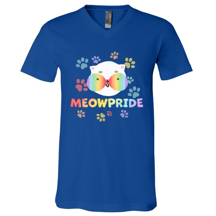 Meowpride Cat With Rainbow Sunglasses Lgbtqia + And Ally Gift V-Neck T-Shirt