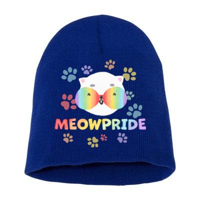 Meowpride Cat With Rainbow Sunglasses Lgbtqia + And Ally Gift Short Acrylic Beanie