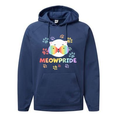 Meowpride Cat With Rainbow Sunglasses Lgbtqia + And Ally Gift Performance Fleece Hoodie