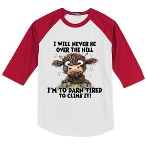 Messy Cow Will Never Be Over Hill I’M Too Darn Tired Climb Kids Colorblock Raglan Jersey