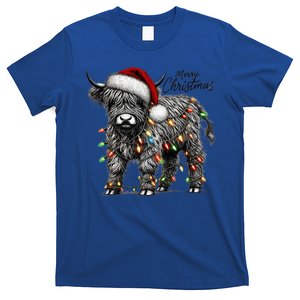 Mooey Christmas Western Highland Cow Lover Santa Hat Lights Gift T-Shirt