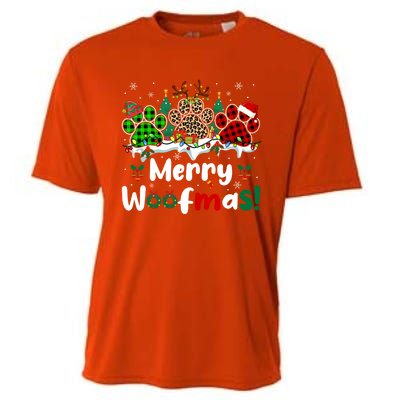 Merry Christmas Woof Santa Reindeer Elf Dog Paws Lover Owner Gift Cooling Performance Crew T-Shirt