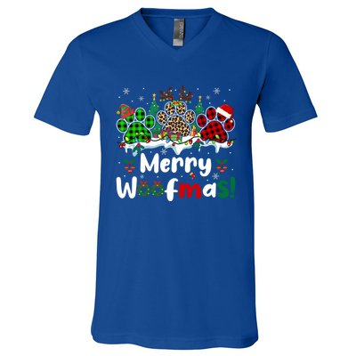 Merry Christmas Woof Santa Reindeer Elf Dog Paws Lover Owner Gift V-Neck T-Shirt