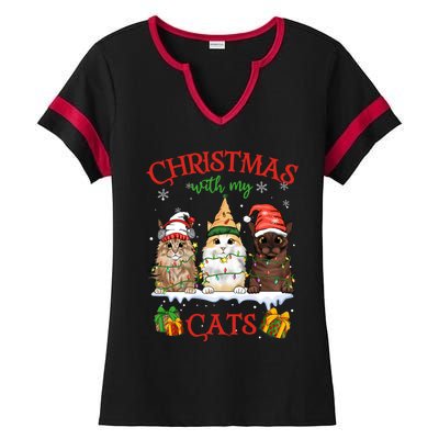 Meowy Christmas With My Cats Feline Fun Christmas Cat Gift Ladies Halftime Notch Neck Tee