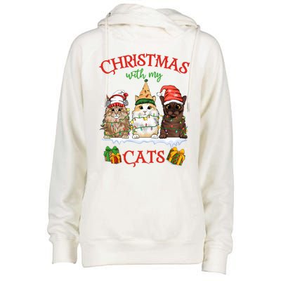 Meowy Christmas With My Cats Feline Fun Christmas Cat Gift Womens Funnel Neck Pullover Hood