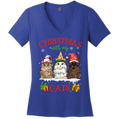 Meowy Christmas With My Cats Feline Fun Christmas Cat Gift Women's V-Neck T-Shirt