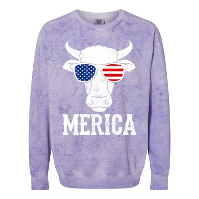 Merica Cow With Sunglasses Us Flag Patriotic Rancher Gift Great Gift Colorblast Crewneck Sweatshirt