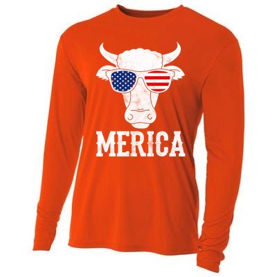 Merica Cow With Sunglasses Us Flag Patriotic Rancher Gift Great Gift Cooling Performance Long Sleeve Crew