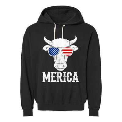 Merica Cow With Sunglasses Us Flag Patriotic Rancher Gift Great Gift Garment-Dyed Fleece Hoodie