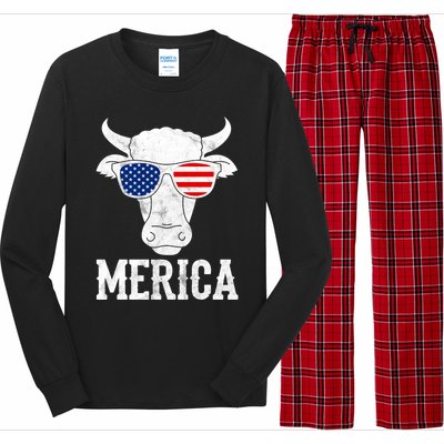 Merica Cow With Sunglasses Us Flag Patriotic Rancher Gift Great Gift Long Sleeve Pajama Set