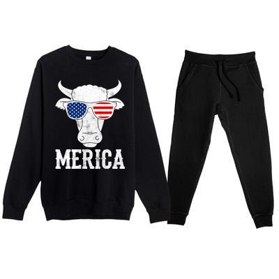 Merica Cow With Sunglasses Us Flag Patriotic Rancher Gift Great Gift Premium Crewneck Sweatsuit Set