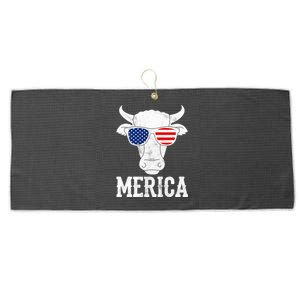 Merica Cow With Sunglasses Us Flag Patriotic Rancher Gift Great Gift Large Microfiber Waffle Golf Towel