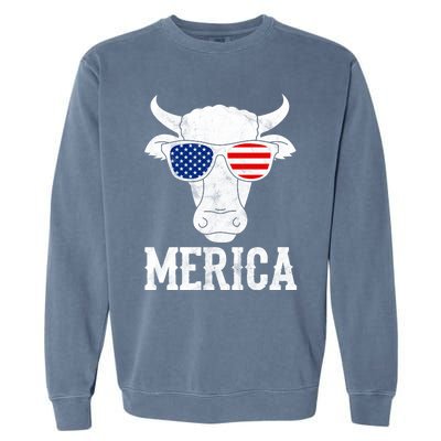 Merica Cow With Sunglasses Us Flag Patriotic Rancher Gift Great Gift Garment-Dyed Sweatshirt