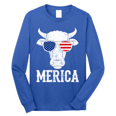 Merica Cow With Sunglasses Us Flag Patriotic Rancher Gift Great Gift Long Sleeve Shirt