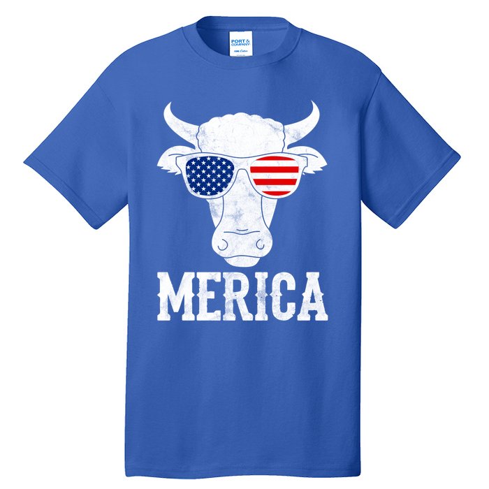 Merica Cow With Sunglasses Us Flag Patriotic Rancher Gift Great Gift Tall T-Shirt