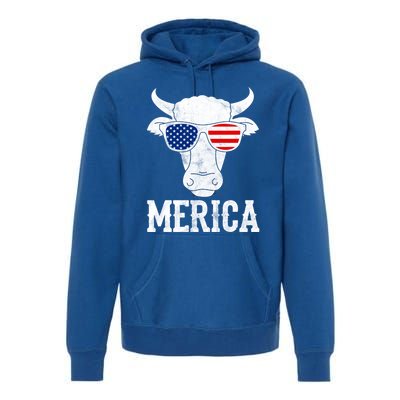 Merica Cow With Sunglasses Us Flag Patriotic Rancher Gift Great Gift Premium Hoodie