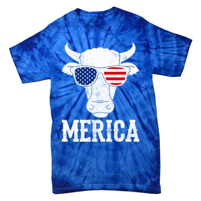 Merica Cow With Sunglasses Us Flag Patriotic Rancher Gift Great Gift Tie-Dye T-Shirt