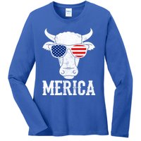 Merica Cow With Sunglasses Us Flag Patriotic Rancher Gift Great Gift Ladies Long Sleeve Shirt