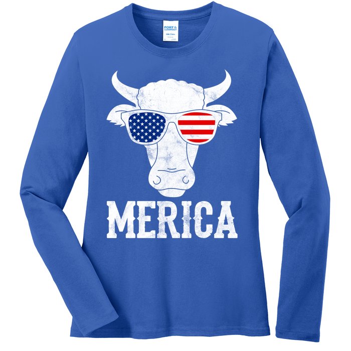 Merica Cow With Sunglasses Us Flag Patriotic Rancher Gift Great Gift Ladies Long Sleeve Shirt