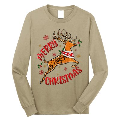 Merry Christmas Western Leopard Reindeer Xmas Holiday Gifts Long Sleeve Shirt