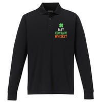 May Contain Whiskey Funny St Patricks Day Performance Long Sleeve Polo