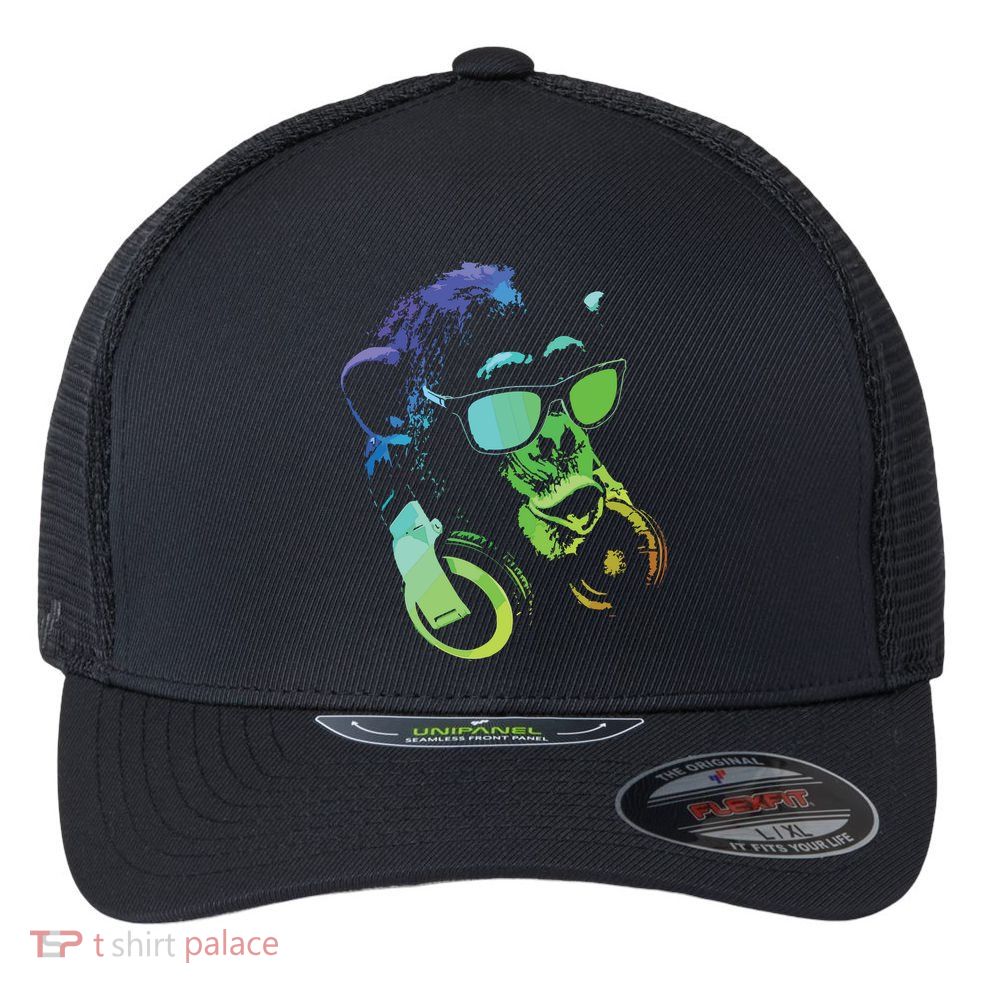 Monkey Chimp With Sunglasses And Headphones Flexfit Unipanel Trucker Cap