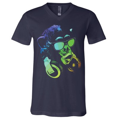 Monkey Chimp With Sunglasses And Headphones V-Neck T-Shirt